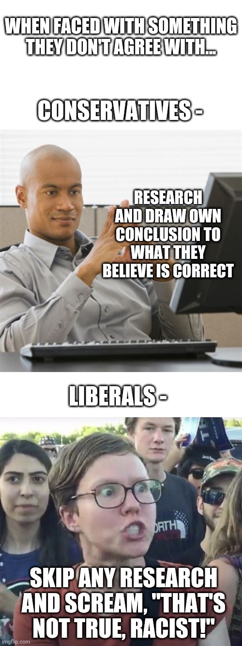 WHEN FACED WITH SOMETHING THEY DON'T AGREE WITH... CONSERVATIVES -; RESEARCH AND DRAW OWN CONCLUSION TO WHAT THEY BELIEVE IS CORRECT; LIBERALS -; SKIP ANY RESEARCH AND SCREAM, "THAT'S NOT TRUE, RACIST!" | image tagged in blank white template,triggered feminist | made w/ Imgflip meme maker