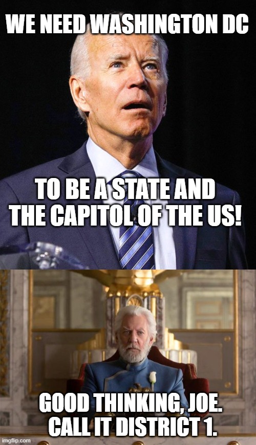 District 1, ahem, Washington, DC! | WE NEED WASHINGTON DC; TO BE A STATE AND THE CAPITOL OF THE US! GOOD THINKING, JOE.  CALL IT DISTRICT 1. | image tagged in joe biden,president snow,washington dc,district 1,hunger games,united states | made w/ Imgflip meme maker