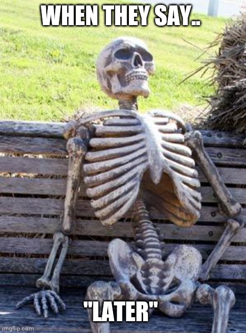 Waiting Skeleton | WHEN THEY SAY.. "LATER" | image tagged in memes,waiting skeleton | made w/ Imgflip meme maker
