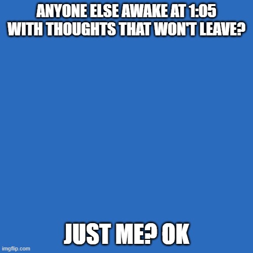 Blank Transparent Square | ANYONE ELSE AWAKE AT 1:05 WITH THOUGHTS THAT WON'T LEAVE? JUST ME? OK | image tagged in memes,blank transparent square | made w/ Imgflip meme maker