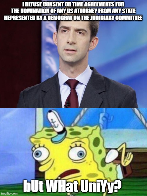 am I right? | I REFUSE CONSENT OR TIME AGREEMENTS FOR THE NOMINATION OF ANY US ATTORNEY FROM ANY STATE REPRESENTED BY A DEMOCRAT ON THE JUDICIARY COMMITTEE; bUt WHat UniYy? | image tagged in tom cotton guilty,spongebob stupid | made w/ Imgflip meme maker