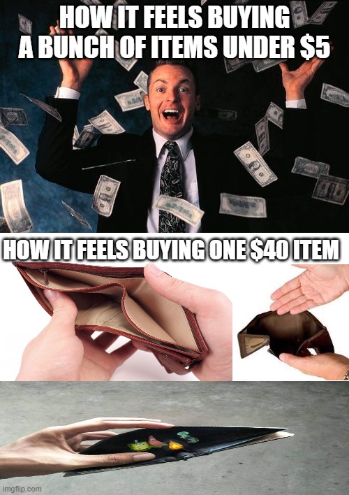 Wish: shopping made cheaply | HOW IT FEELS BUYING A BUNCH OF ITEMS UNDER $5; HOW IT FEELS BUYING ONE $40 ITEM | image tagged in memes,money man,spongebob,broke,sad but true | made w/ Imgflip meme maker