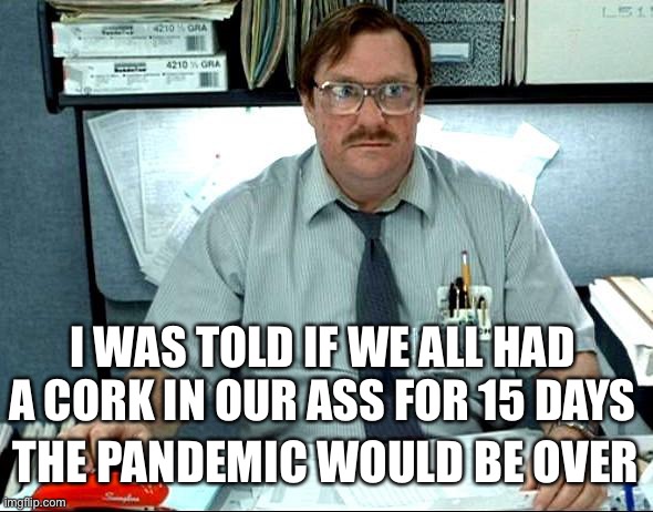 I Was Told There Would Be Meme | I WAS TOLD IF WE ALL HAD A CORK IN OUR ASS FOR 15 DAYS THE PANDEMIC WOULD BE OVER | image tagged in memes,i was told there would be | made w/ Imgflip meme maker