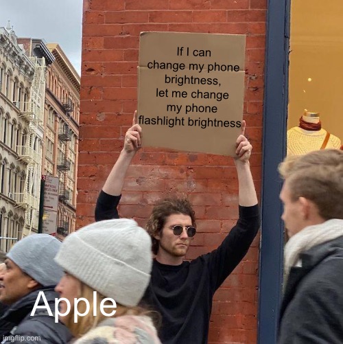 If I can change my phone brightness, let me change my phone flashlight brightness; Apple | image tagged in memes,guy holding cardboard sign,apple,annoying | made w/ Imgflip meme maker