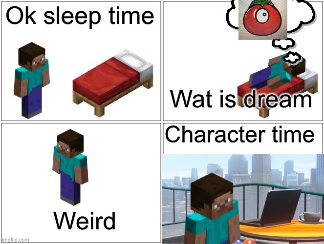 Tommy’s origin story, also I’m calling it this will get 3 upvotes | Ok sleep time; Wat is dream; Character time; Weird | image tagged in memes,blank comic panel 2x2,minecraft steve,dreams,original character | made w/ Imgflip meme maker