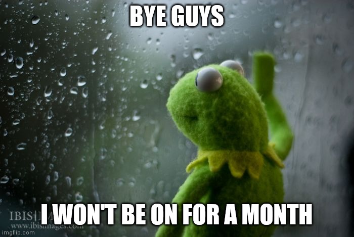 :( | BYE GUYS; I WON'T BE ON FOR A MONTH | image tagged in kermit window | made w/ Imgflip meme maker