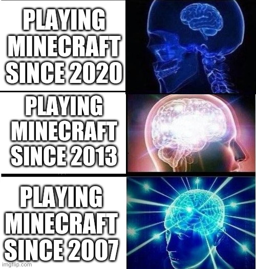 We're old! | PLAYING MINECRAFT SINCE 2020; PLAYING MINECRAFT SINCE 2013; PLAYING MINECRAFT SINCE 2007 | image tagged in expanding brain 3 panels,minecraft | made w/ Imgflip meme maker