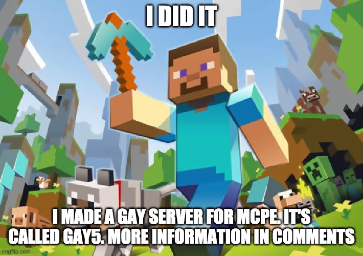 I did it! Who wants to play? | I DID IT; I MADE A GAY SERVER FOR MCPE. IT'S CALLED GAY5. MORE INFORMATION IN COMMENTS | image tagged in minecraft | made w/ Imgflip meme maker