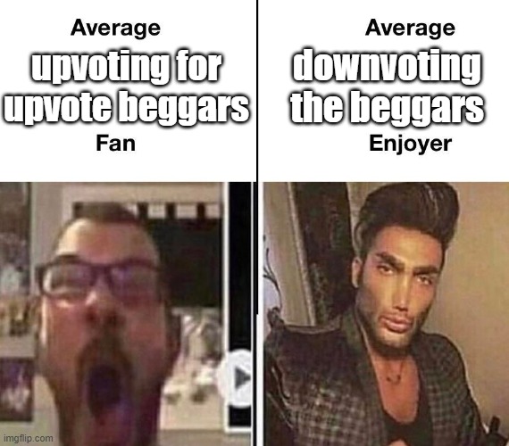 upvoting for upvote beggars downvoting the beggars | image tagged in average fan vs average enjoyer | made w/ Imgflip meme maker
