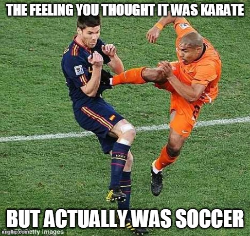 soccer | THE FEELING YOU THOUGHT IT WAS KARATE; BUT ACTUALLY WAS SOCCER | image tagged in soccer | made w/ Imgflip meme maker