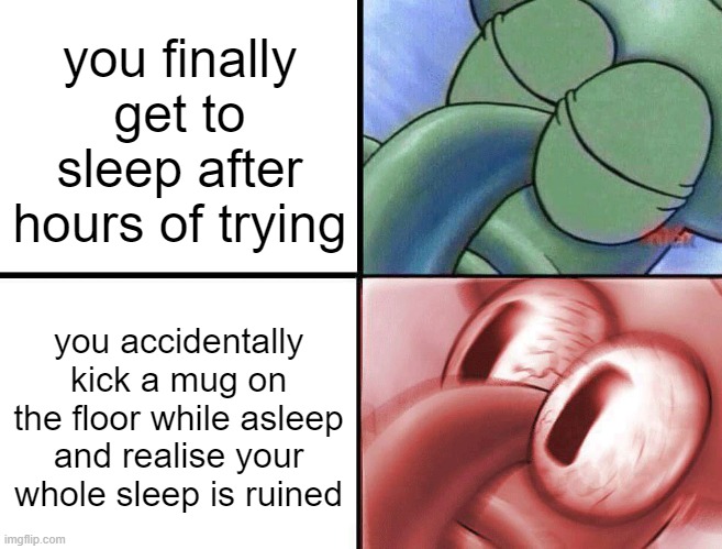 happened to me this morning ffs | you finally get to sleep after hours of trying; you accidentally kick a mug on the floor while asleep and realise your whole sleep is ruined | image tagged in sleeping squidward,memes | made w/ Imgflip meme maker