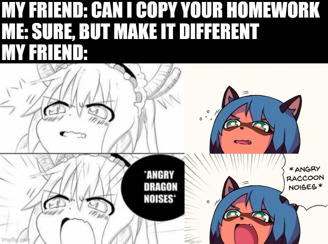 MY FRIEND: CAN I COPY YOUR HOMEWORK
ME: SURE, BUT MAKE IT DIFFERENT
MY FRIEND: | image tagged in angry dragon noises | made w/ Imgflip meme maker
