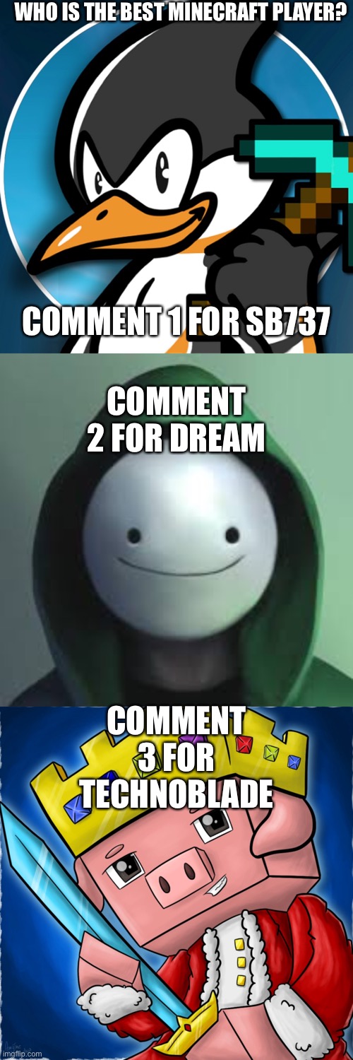 I personally think it is sb737 | WHO IS THE BEST MINECRAFT PLAYER? COMMENT 1 FOR SB737; COMMENT 2 FOR DREAM; COMMENT 3 FOR TECHNOBLADE | image tagged in minecraft | made w/ Imgflip meme maker