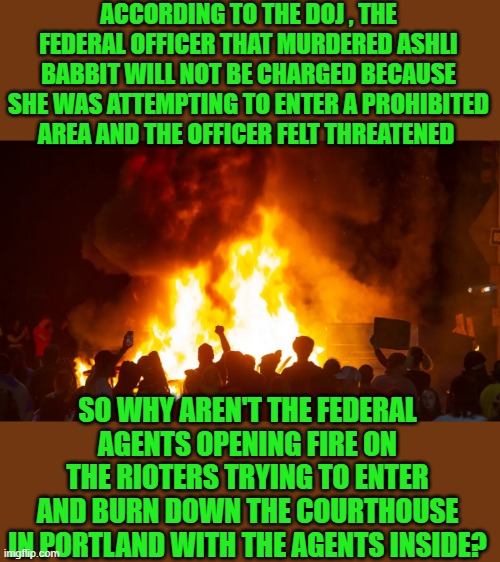 free your mind your ass will follow | ACCORDING TO THE DOJ , THE FEDERAL OFFICER THAT MURDERED ASHLI BABBIT WILL NOT BE CHARGED BECAUSE SHE WAS ATTEMPTING TO ENTER A PROHIBITED AREA AND THE OFFICER FELT THREATENED; SO WHY AREN'T THE FEDERAL AGENTS OPENING FIRE ON THE RIOTERS TRYING TO ENTER AND BURN DOWN THE COURTHOUSE IN PORTLAND WITH THE AGENTS INSIDE? | image tagged in democrats,fascism | made w/ Imgflip meme maker