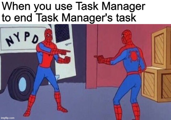 spiderman pointing at spiderman | When you use Task Manager to end Task Manager's task | image tagged in spiderman pointing at spiderman | made w/ Imgflip meme maker