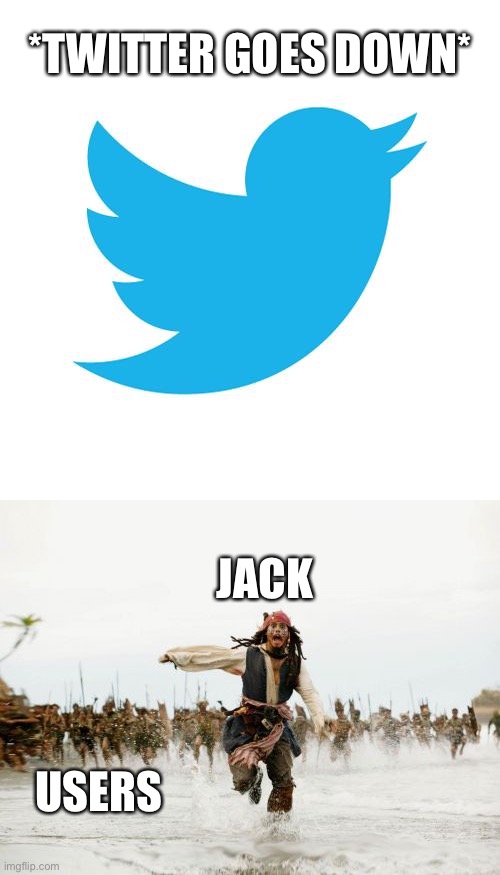 People lose it when Twitter goes down | *TWITTER GOES DOWN*; JACK; USERS | image tagged in twitter birds says,memes,jack sparrow being chased,internet,rage,social media | made w/ Imgflip meme maker