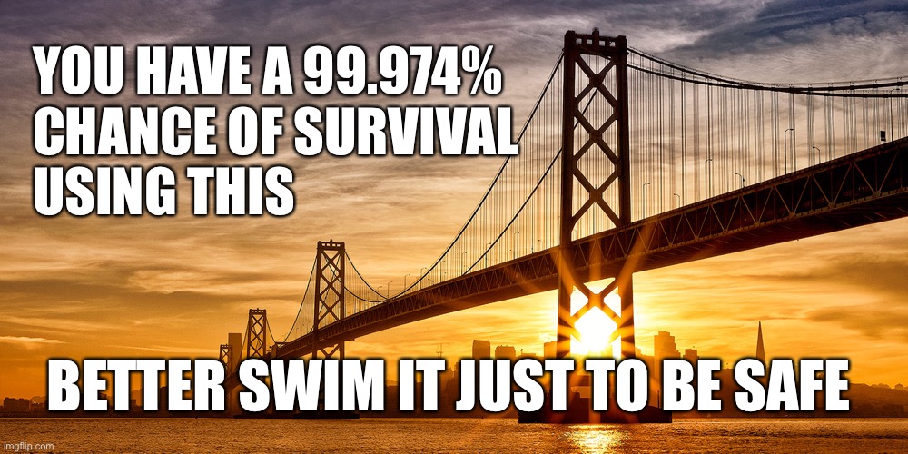 Lockdown logic | YOU HAVE A 99.974%
CHANCE OF SURVIVAL 
USING THIS; BETTER SWIM IT JUST TO BE SAFE | image tagged in covid-19,lockdown,safety first,risk,covidiots | made w/ Imgflip meme maker