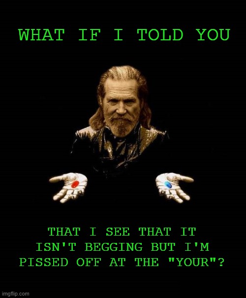 The Dude as Morpheus | WHAT IF I TOLD YOU THAT I SEE THAT IT ISN'T BEGGING BUT I'M PISSED OFF AT THE "YOUR"? | image tagged in the dude as morpheus | made w/ Imgflip meme maker