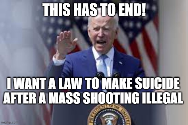 Biden Has Answers | THIS HAS TO END! I WANT A LAW TO MAKE SUICIDE AFTER A MASS SHOOTING ILLEGAL | image tagged in guns,violence,politics,gun control,biden | made w/ Imgflip meme maker