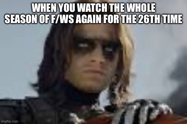 Sorry for the low quality image! It’s not mine! | WHEN YOU WATCH THE WHOLE SEASON OF F/WS AGAIN FOR THE 26TH TIME | image tagged in winter soldier eyes | made w/ Imgflip meme maker