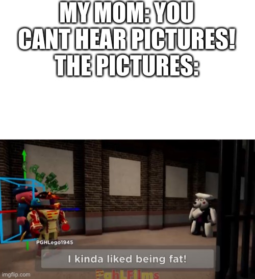 only i can? yes? ok | MY MOM: YOU CANT HEAR PICTURES!
THE PICTURES: | image tagged in i kinda liked being fat | made w/ Imgflip meme maker