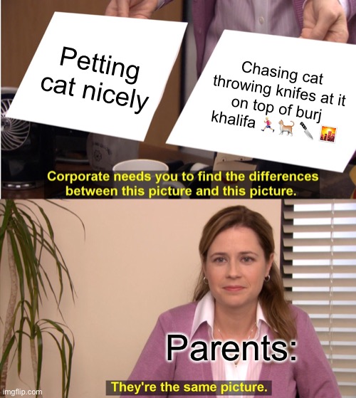 Is cat dead yet | Petting cat nicely; Chasing cat throwing knifes at it on top of burj khalifa 🏃🏼‍♂️🐈 🔪 🌇; Parents: | image tagged in memes,they're the same picture | made w/ Imgflip meme maker
