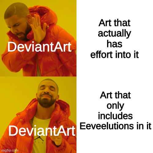 DeviantArt in a Nutshell | Art that actually has effort into it; DeviantArt; Art that only includes Eeveelutions in it; DeviantArt | image tagged in memes,drake hotline bling | made w/ Imgflip meme maker