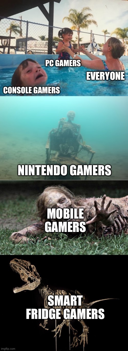The gaming platform... | PC GAMERS; EVERYONE; CONSOLE GAMERS; NINTENDO GAMERS; MOBILE GAMERS; SMART FRIDGE GAMERS | image tagged in swimming pool kids,walking dead zombie,dinosaur,gamer,forgot,dead | made w/ Imgflip meme maker