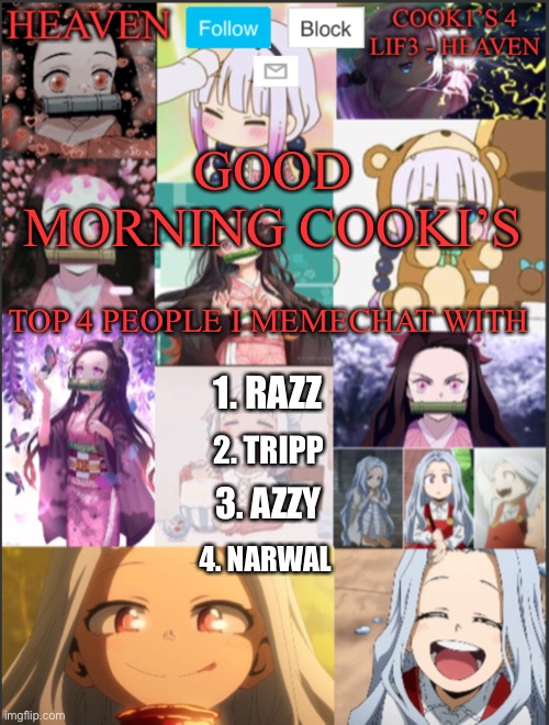 Good morning and trend go brrr... | GOOD MORNING COOKI’S; TOP 4 PEOPLE I MEMECHAT WITH; 1. RAZZ; 2. TRIPP; 3. AZZY; 4. NARWAL | image tagged in heavens temp adorable | made w/ Imgflip meme maker