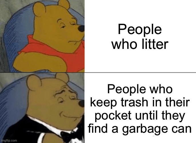 Tuxedo Winnie The Pooh | People who litter; People who keep trash in their pocket until they find a garbage can | image tagged in memes,tuxedo winnie the pooh | made w/ Imgflip meme maker