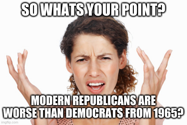 Indignant | SO WHATS YOUR POINT? MODERN REPUBLICANS ARE WORSE THAN DEMOCRATS FROM 1965? | image tagged in indignant | made w/ Imgflip meme maker