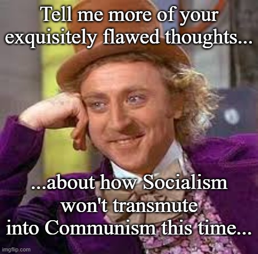 Socialism | Tell me more of your exquisitely flawed thoughts... ...about how Socialism won't transmute into Communism this time... | image tagged in socialism,democratic party | made w/ Imgflip meme maker