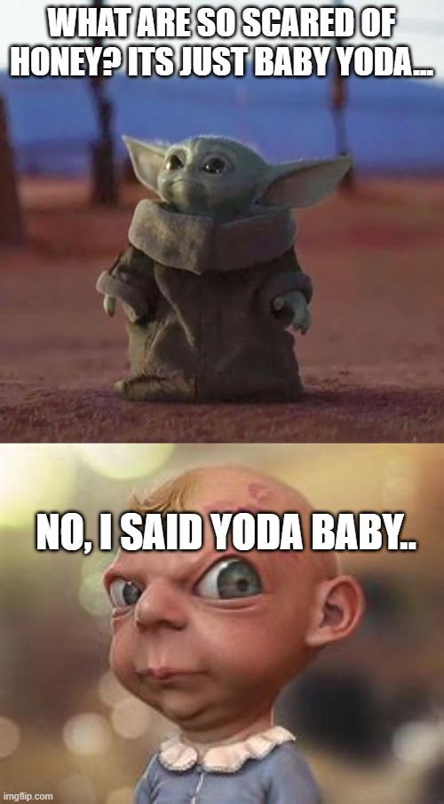 baby yoda vs yoda baby | WHAT ARE SO SCARED OF HONEY? ITS JUST BABY YODA... NO, I SAID YODA BABY.. | image tagged in baby yoda | made w/ Imgflip meme maker