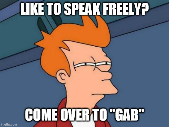 Futurama Fry Meme | LIKE TO SPEAK FREELY? COME OVER TO "GAB" | image tagged in memes,futurama fry | made w/ Imgflip meme maker