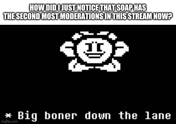 0_0 | HOW DID I JUST NOTICE THAT SOAP HAS THE SECOND MOST MODERATIONS IN THIS STREAM NOW? | image tagged in big boner down the lane | made w/ Imgflip meme maker