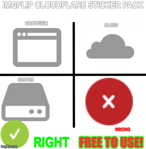 My first sticker pack! Free to use with credit. |  IMGFLIP CLOUDFLARE STICKER PACK; BROWSER; CLOUD; SERVER; WRONG; RIGHT; FREE TO USE! | image tagged in memes,blank starter pack,blank nut button,firestarter,green bay packers | made w/ Imgflip meme maker