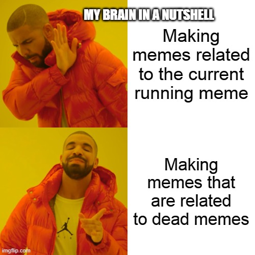 i am "genius" | MY BRAIN IN A NUTSHELL; Making memes related to the current running meme; Making memes that are related to dead memes | image tagged in memes,drake hotline bling | made w/ Imgflip meme maker
