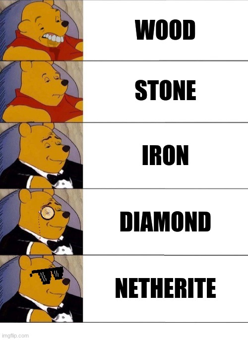 Winnie the Pooh v.20 | WOOD; STONE; IRON; DIAMOND; NETHERITE | image tagged in minecraft | made w/ Imgflip meme maker