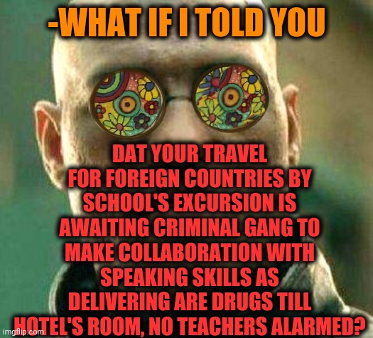 -Where it have early income. |  DAT YOUR TRAVEL FOR FOREIGN COUNTRIES BY SCHOOL'S EXCURSION IS AWAITING CRIMINAL GANG TO MAKE COLLABORATION WITH SPEAKING SKILLS AS DELIVERING ARE DRUGS TILL HOTEL'S ROOM, NO TEACHERS ALARMED? -WHAT IF I TOLD YOU | image tagged in acid kicks in morpheus,foreign policy,criminal minds,don't do drugs,traveling,online school | made w/ Imgflip meme maker