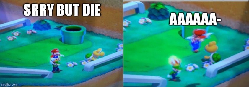 Luigi Betrays Mario | SRRY BUT DIE; AAAAAA- | image tagged in luigi betrays mario | made w/ Imgflip meme maker