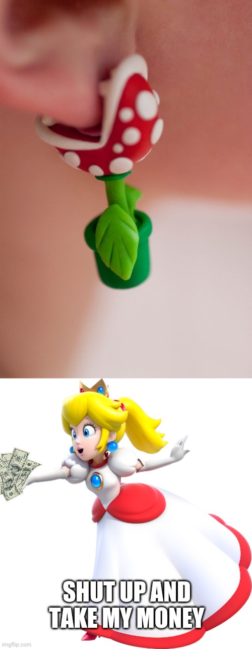 PIRANHA EARRINGS | SHUT UP AND TAKE MY MONEY | image tagged in super mario bros,princess peach,earrings | made w/ Imgflip meme maker