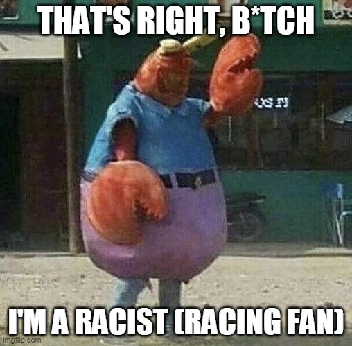 Inspired by Peternity | THAT'S RIGHT, B*TCH; I'M A RACIST (RACING FAN) | image tagged in racist,racing,memes | made w/ Imgflip meme maker