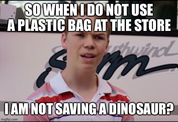 You Guys are Getting Paid | SO WHEN I DO NOT USE A PLASTIC BAG AT THE STORE I AM NOT SAVING A DINOSAUR? | image tagged in you guys are getting paid | made w/ Imgflip meme maker