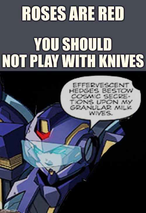Random words in a random order | YOU SHOULD NOT PLAY WITH KNIVES; ROSES ARE RED | image tagged in transformers,lost light,nautica,quote,idk why i like it so much | made w/ Imgflip meme maker