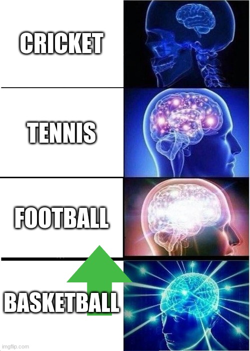 Fact or not upvote | CRICKET; TENNIS; FOOTBALL; BASKETBALL | image tagged in memes,expanding brain | made w/ Imgflip meme maker