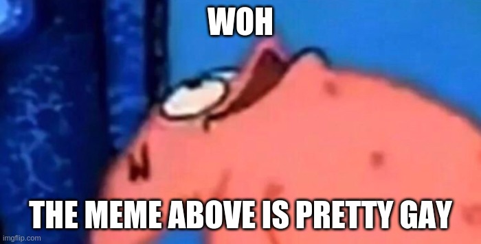 Patrick looks up | WOH; THE MEME ABOVE IS PRETTY GAY | image tagged in patrick looking up | made w/ Imgflip meme maker