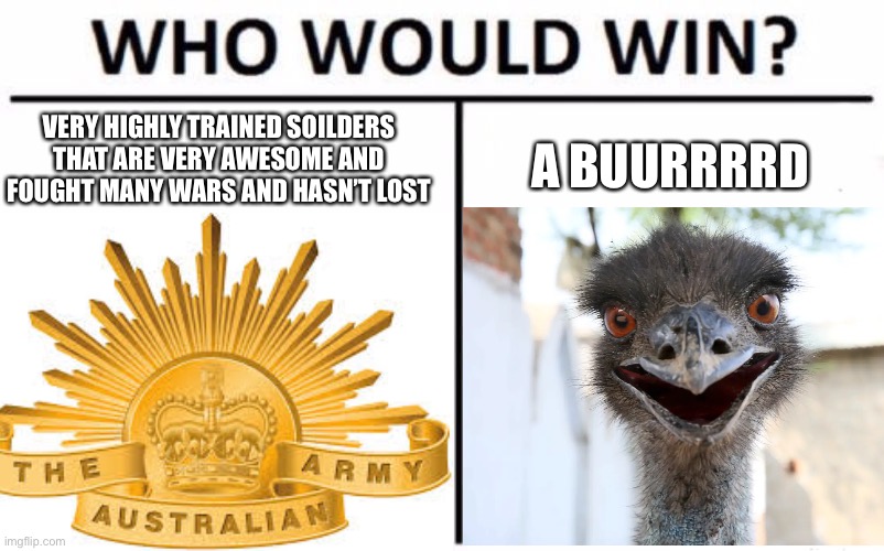 VERY HIGHLY TRAINED SOILDERS THAT ARE VERY AWESOME AND FOUGHT MANY WARS AND HASN’T LOST; A BUURRRRD | image tagged in memes,who would win | made w/ Imgflip meme maker