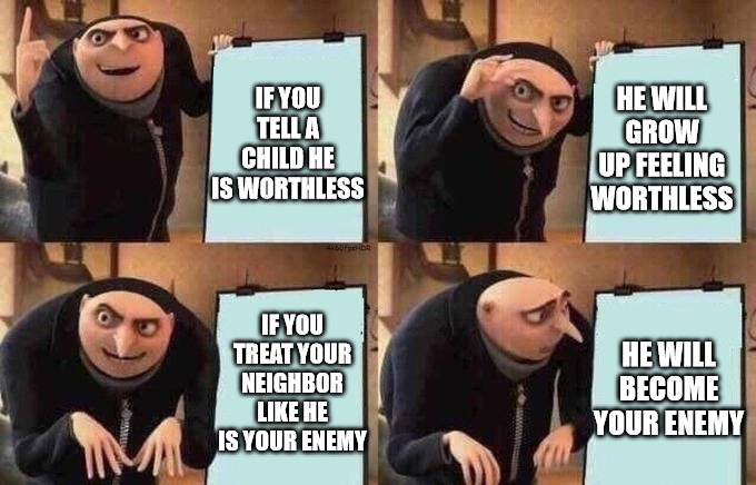 Watch What you Say | IF YOU TELL A CHILD HE IS WORTHLESS; HE WILL GROW UP FEELING WORTHLESS; IF YOU TREAT YOUR NEIGHBOR LIKE HE IS YOUR ENEMY; HE WILL BECOME YOUR ENEMY | image tagged in groo idea board | made w/ Imgflip meme maker