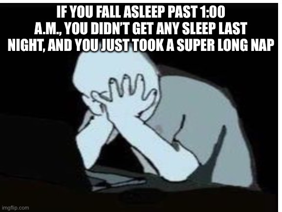 AM marks the next day sooooo.... | IF YOU FALL ASLEEP PAST 1:00 A.M., YOU DIDN’T GET ANY SLEEP LAST NIGHT, AND YOU JUST TOOK A SUPER LONG NAP | image tagged in shower thoughts,wojak,memes | made w/ Imgflip meme maker