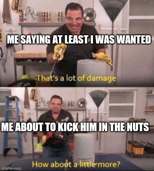 How about a little more | ME SAYING AT LEAST I WAS WANTED ME ABOUT TO KICK HIM IN THE NUTS | image tagged in how about a little more | made w/ Imgflip meme maker